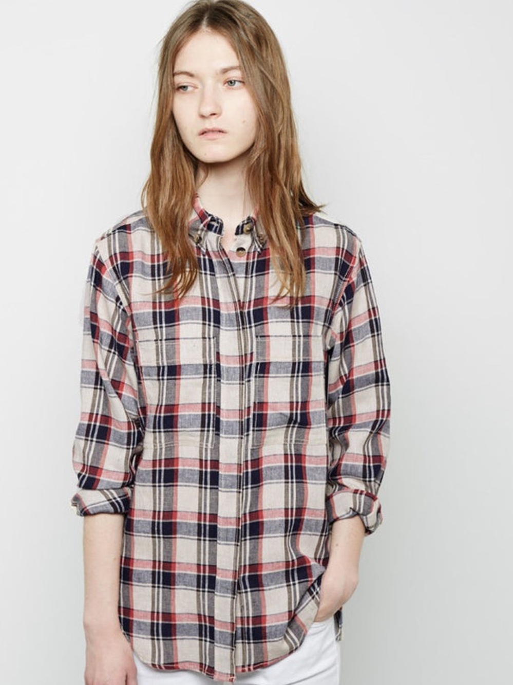 Isabel Marant. Upton Plaid Shirt. Cotton/Linen. Red/White/Blue. Size Medium.